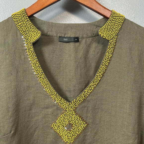 Herry Green Linen Long Belted Beaded Chest Tunic size EUR 42 US 6 - Picture 3 of 11